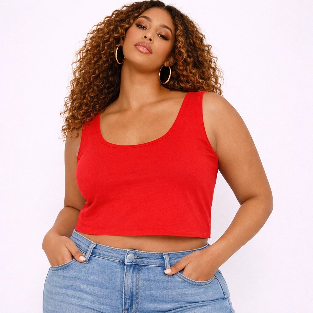 Studio Works Red Cropped Tank Top XL | Cotton Blend Scoop Neck Sleeveless Basi